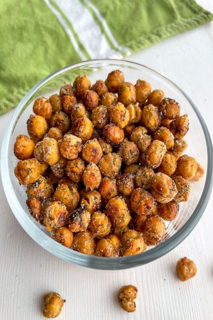 Glass bowl of crispy chickpeas